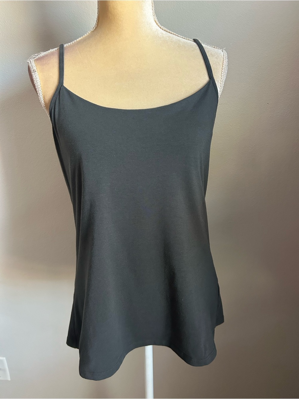 NEW Eileen Fisher Charcoal X-Back Built in Bra Spaghetti-Strap Tank Sz L